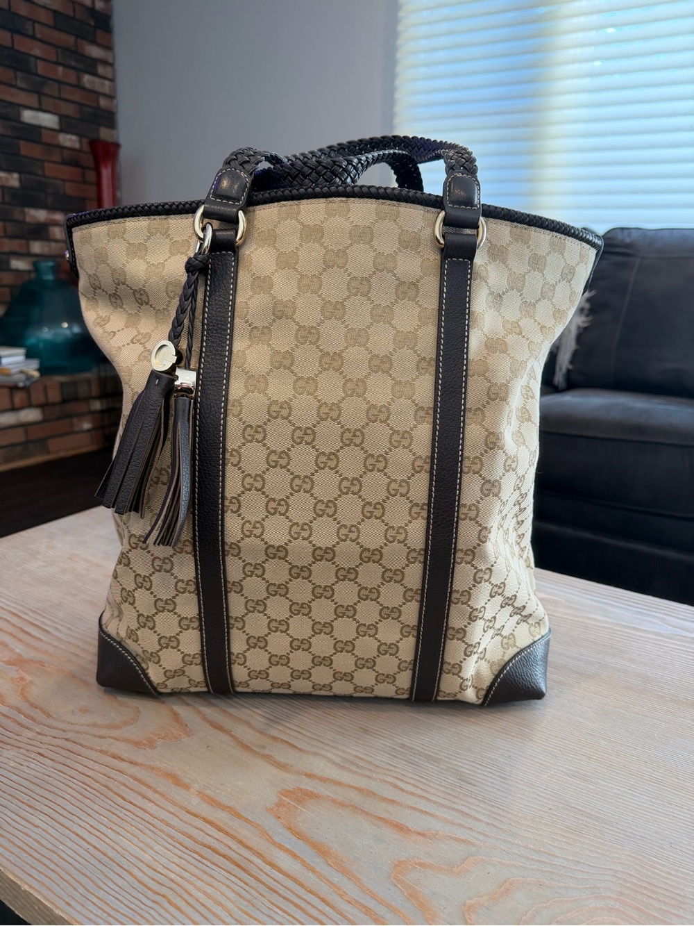 Gucci Large Marrakesh GG Canvas Tote with Dark Brown Leather Trim and Tassel